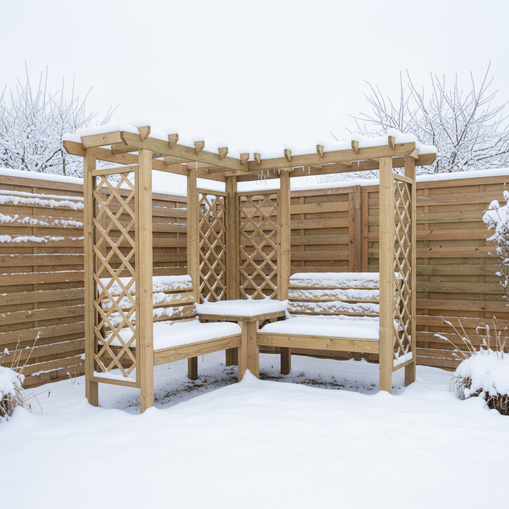 Pergola narożna w zimowej scenerii